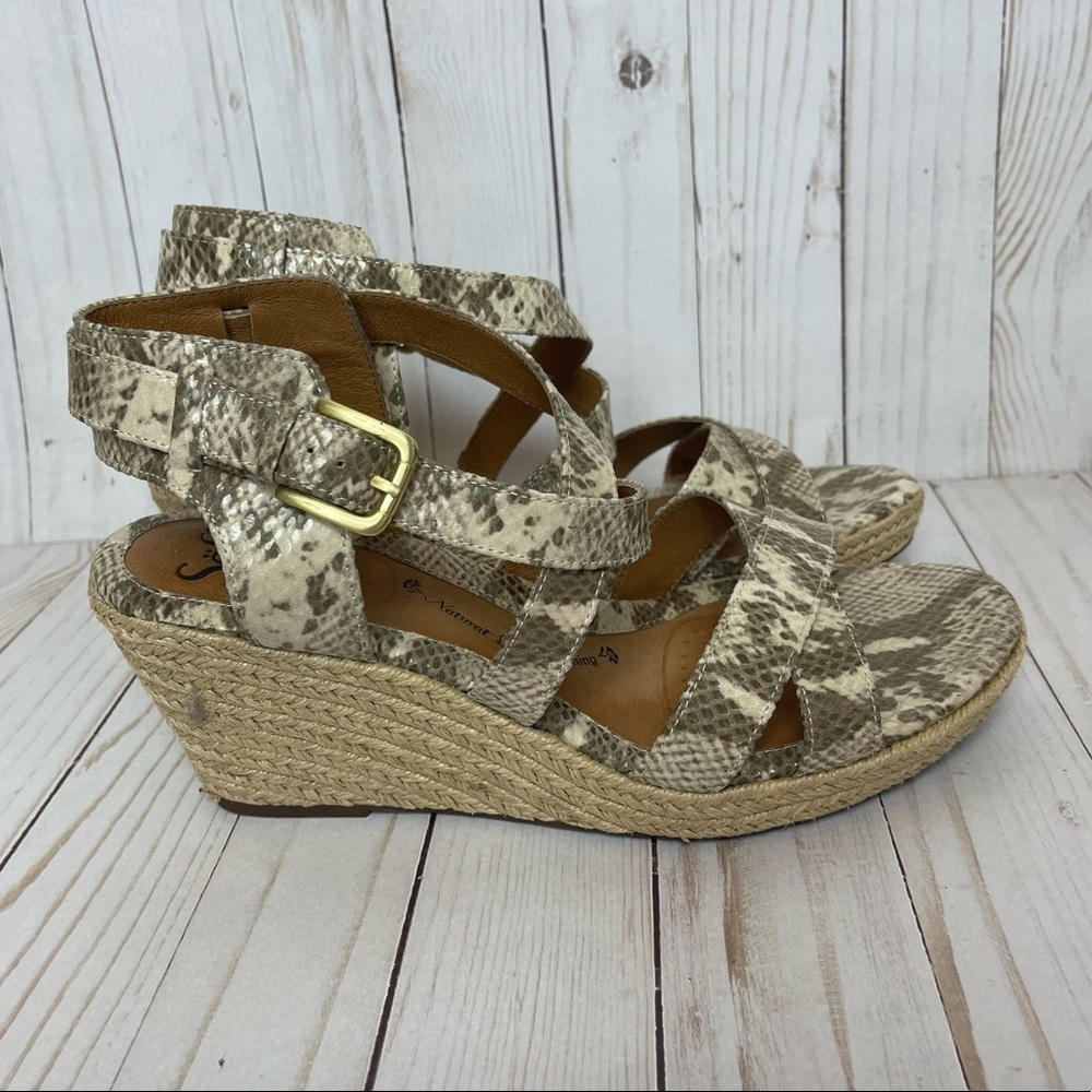 Sofft Snakeskin Strappy Raffia Wedges Sandals